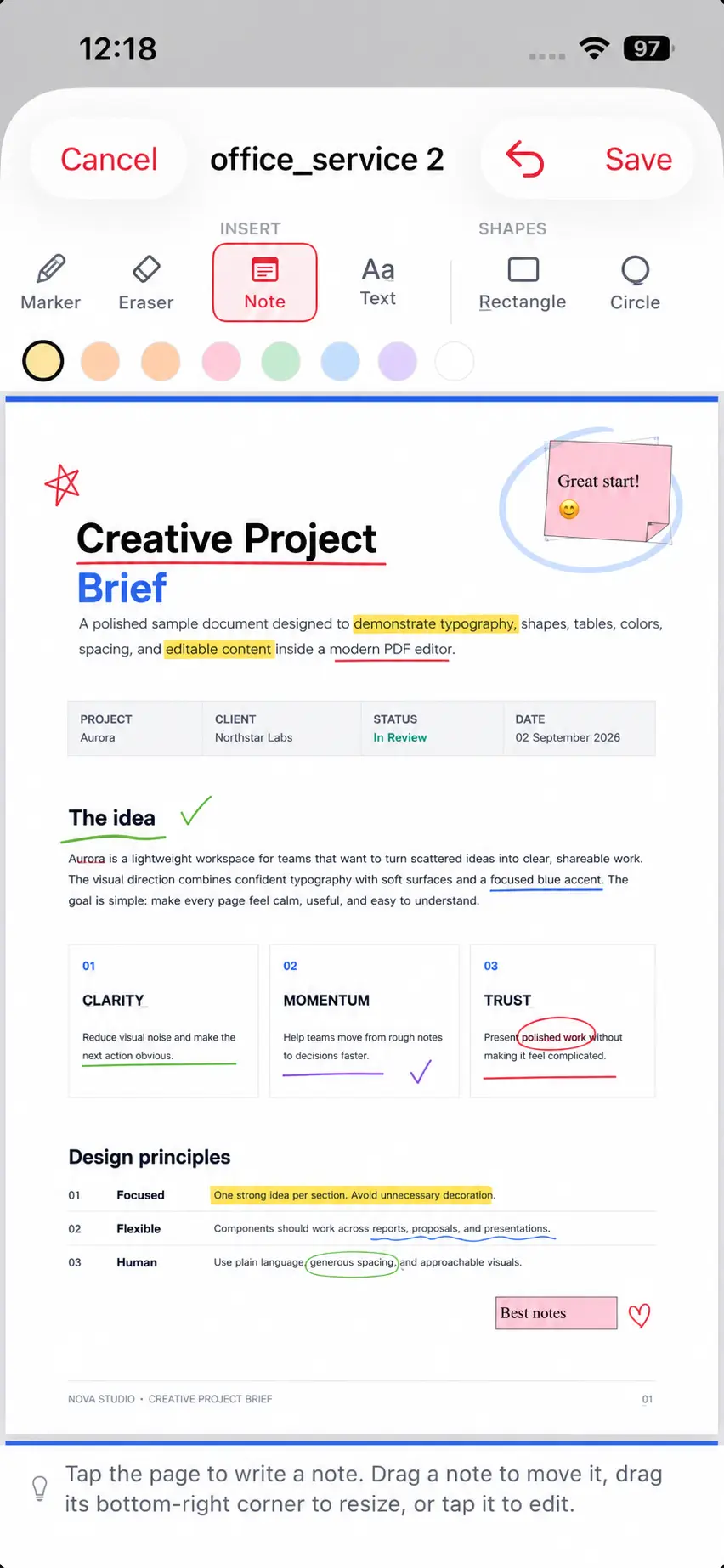 PDFlick annotation tools on iPhone highlighting text on a document page