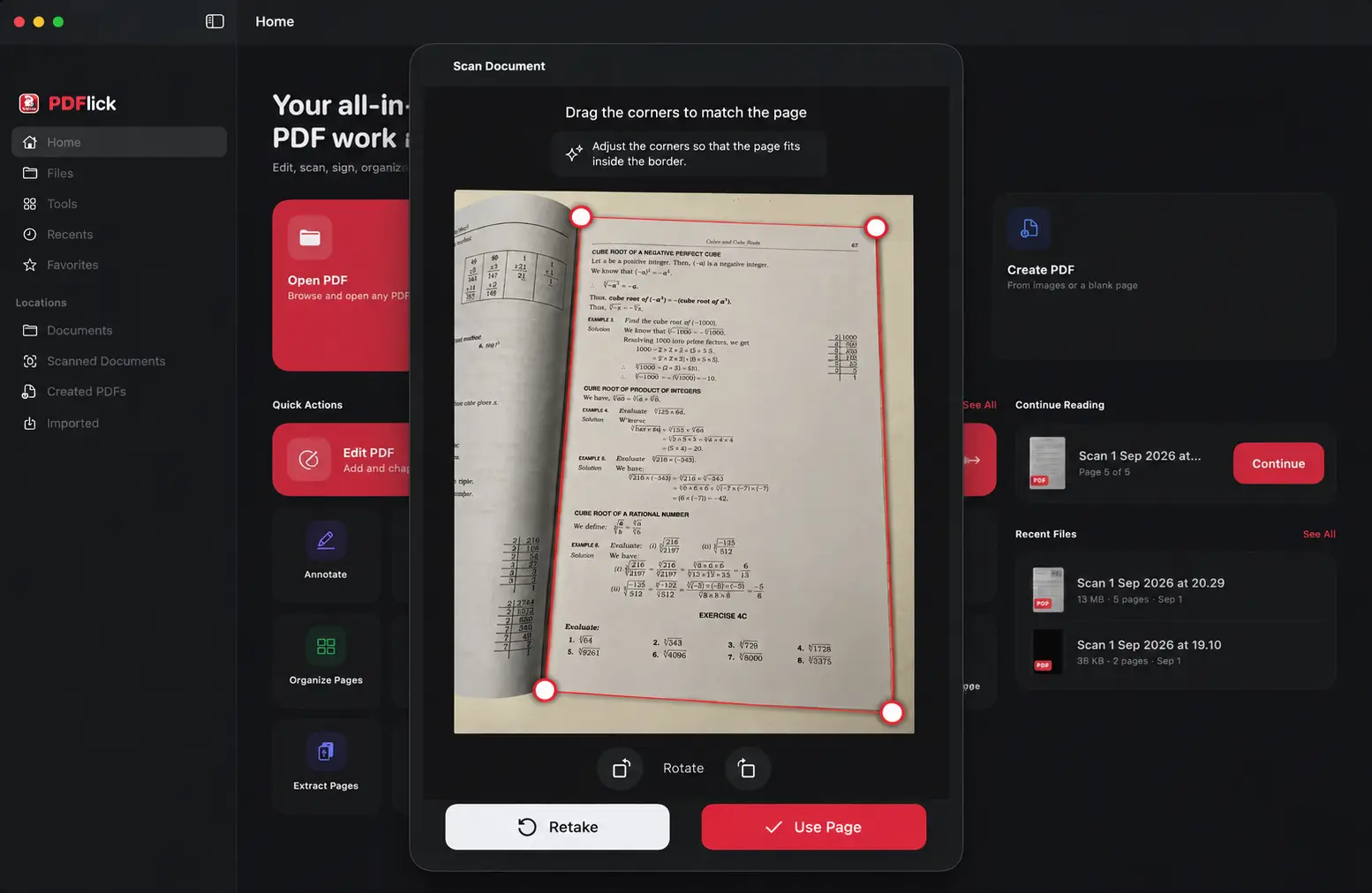 A Mac showing the live viewfinder from a paired iPhone while scanning a document into PDFlick