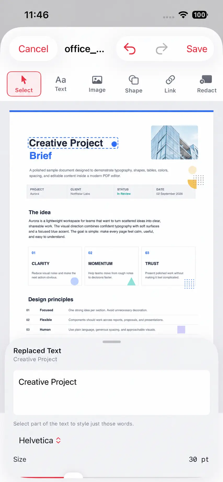 Editing a line of text directly inside a PDF on iPhone, with PDFlick matching the original font and style
