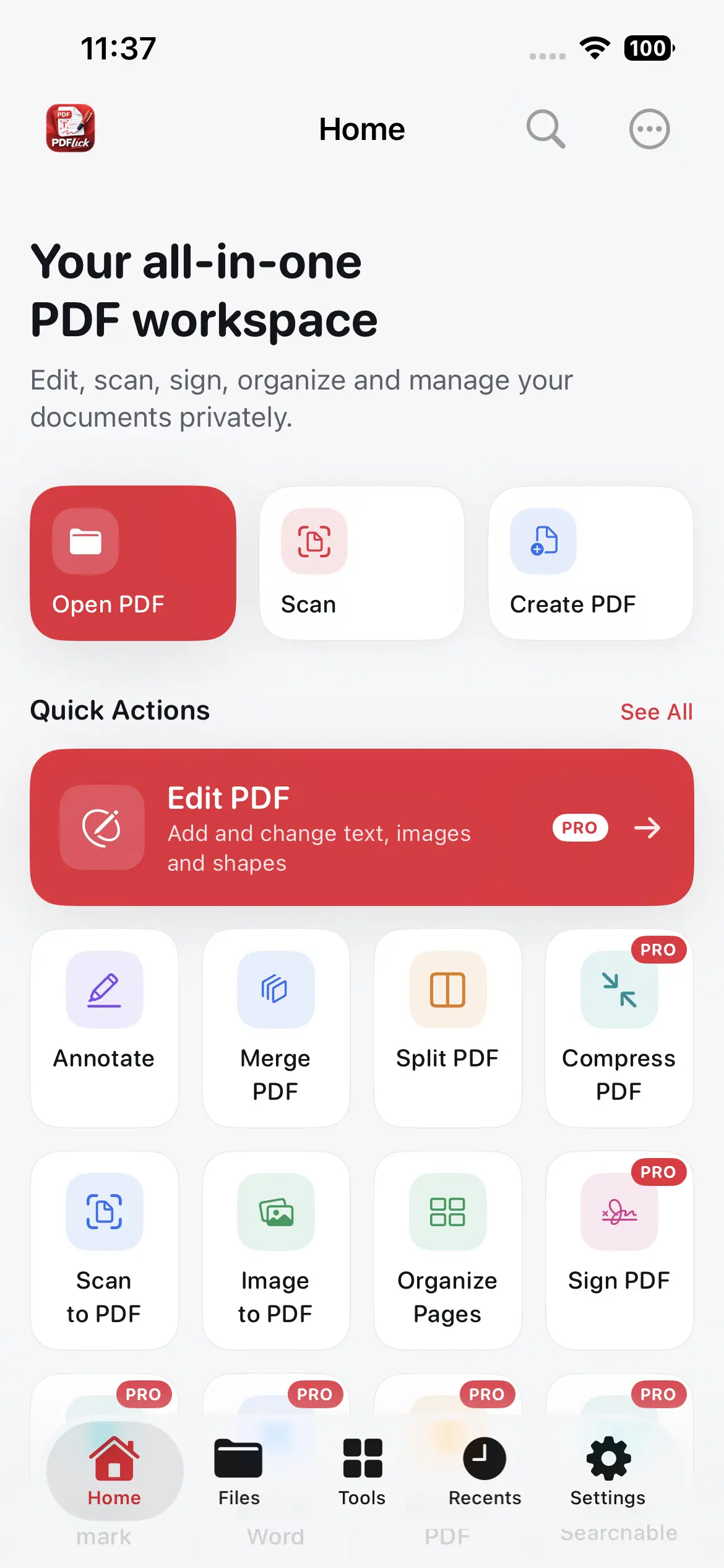 PDFlick tool grid on iPhone showing edit, scan, sign and organize tools