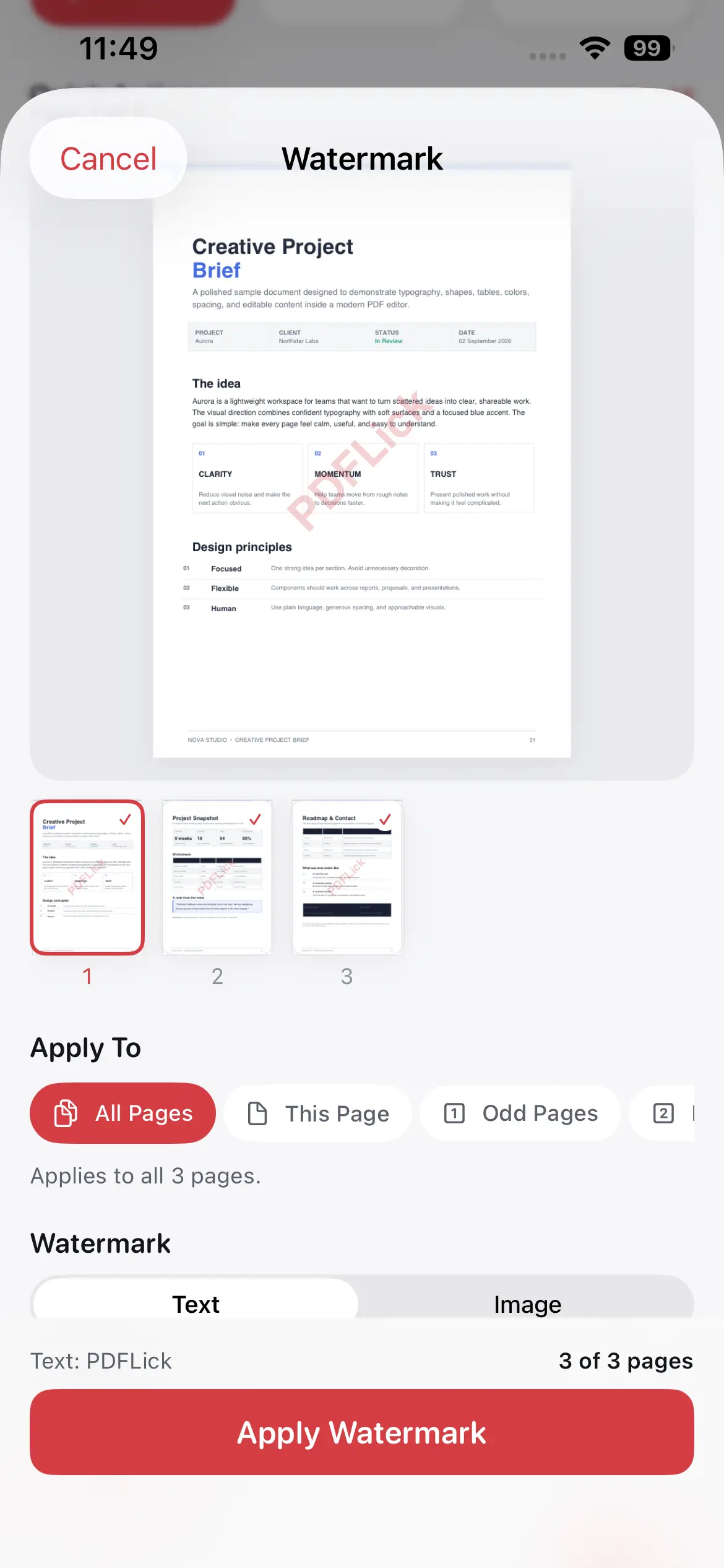 Watermark preview on iPhone showing page range options and a positioned watermark in PDFlick